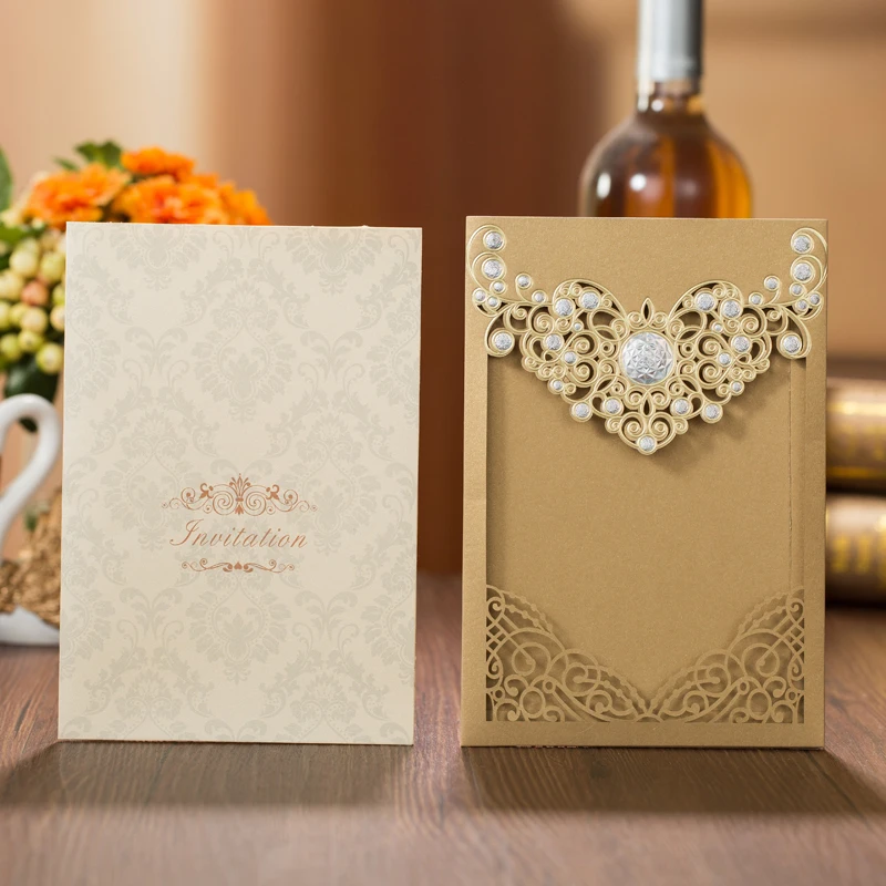  50pcs Red Gold Laser Cut Crown Flora Wedding Invitations Card Greeting Cards Customize Wedding Deco - 32882934142