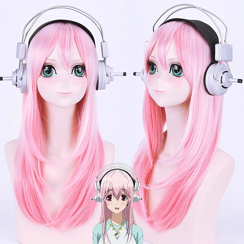 

Super Sonico Cosplay Wigs 80cm Long Straight Light Pink Heat Resistant Synthetic Style for Women Girls Fake Hair + Earphone