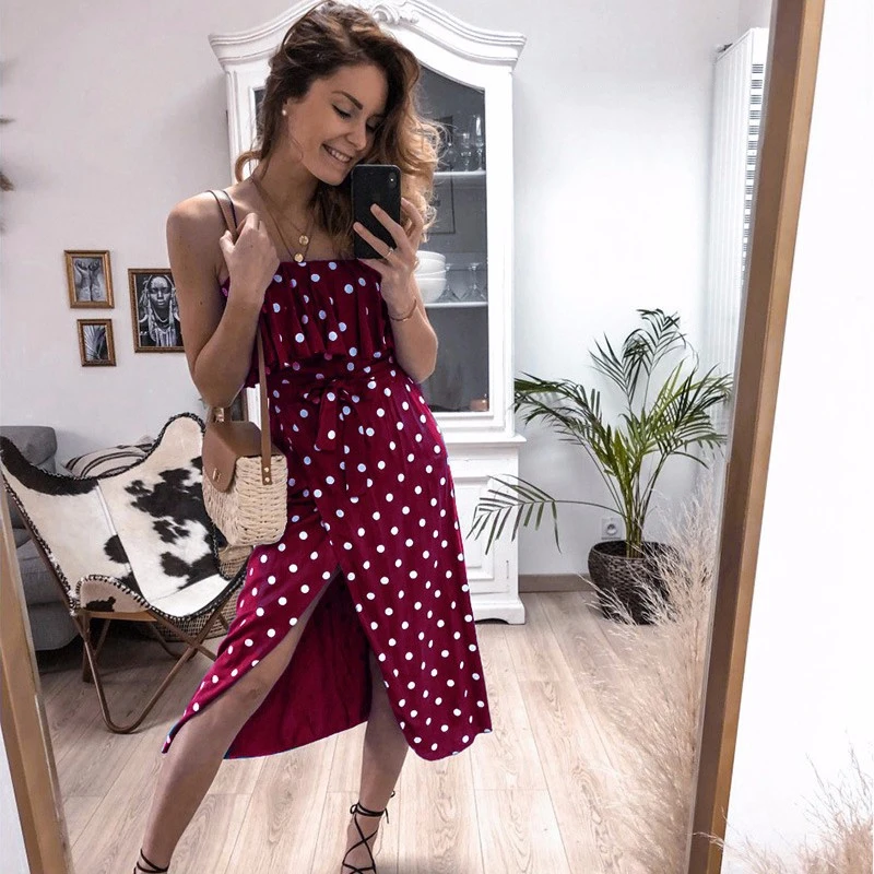 

GUMPRUN Women Summer Dress 2019 Sexy Sling Polka Dot High Waist Sleeveless Open Back Dresses Ladies Casual Ruffle Princess Dress