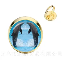 สวยรูปแบบ Dolphin แหวนอินเทรนด์รอบแก้วเมอร์เมด 16mm แก้วโดมเงิน/Golder 2 สีปรับแหวนผู้หญิง(China)