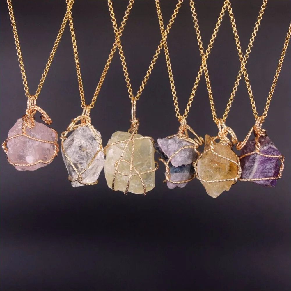 

Natural Amethyst Pink Rose Quartz Lemon Fluorite Stones Rough Crystal Pendant Irregular Wire Wrapped Pendant Necklace 1pc