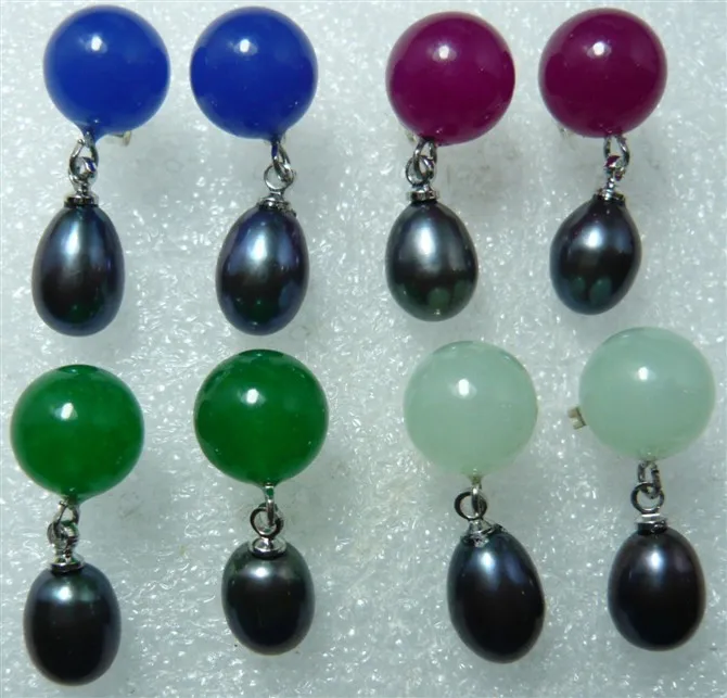 HOT SELL - 5 colors wholesale blue/purple/green/light green/red jade and water drop black shell pearl earrings -Top quality free | Украшения