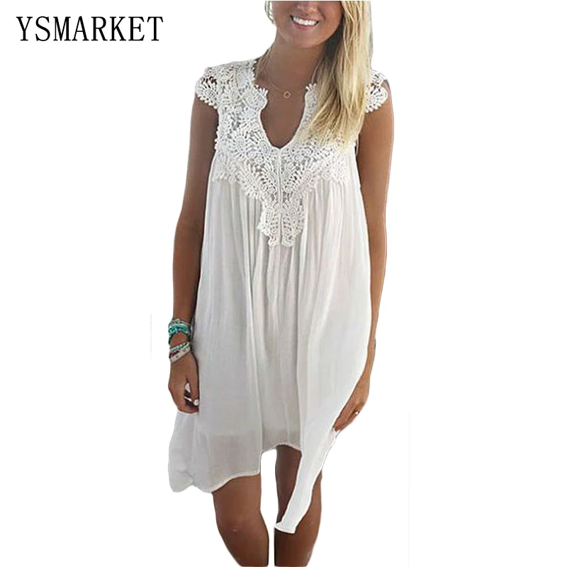

Summer Dress New women lace patchwork chiffon dress hollow out sleeveless loose beach tunic sexy casual female beachwear Q160505