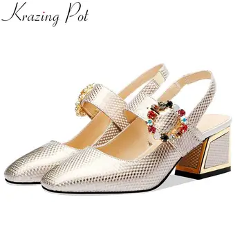 

Krazing pot new patent leather colorful crystals buckle ssquare toe female slip on large size slingback high heels pumps L88