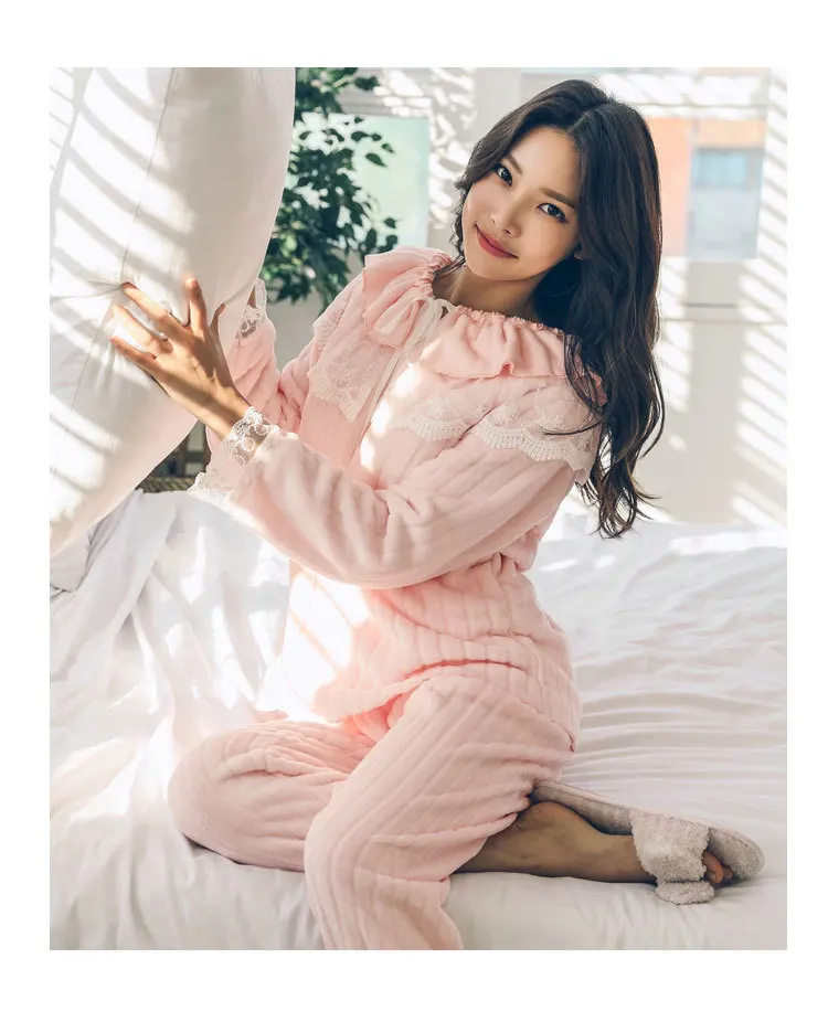 Новинка года, зимние женские комплекты из 2 предметов, розовая кружевная одежда, одежда для сна, свободные пижамы, утепленные штаны, одежда для сна, теплая домашняя одежда в полоску