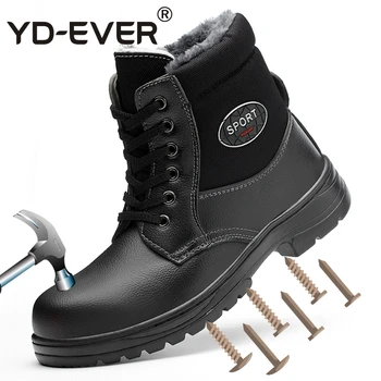 

YD-EVER plus size men winter warm plush steel toe caps work safety cotton shoes platform ankle snow security boots