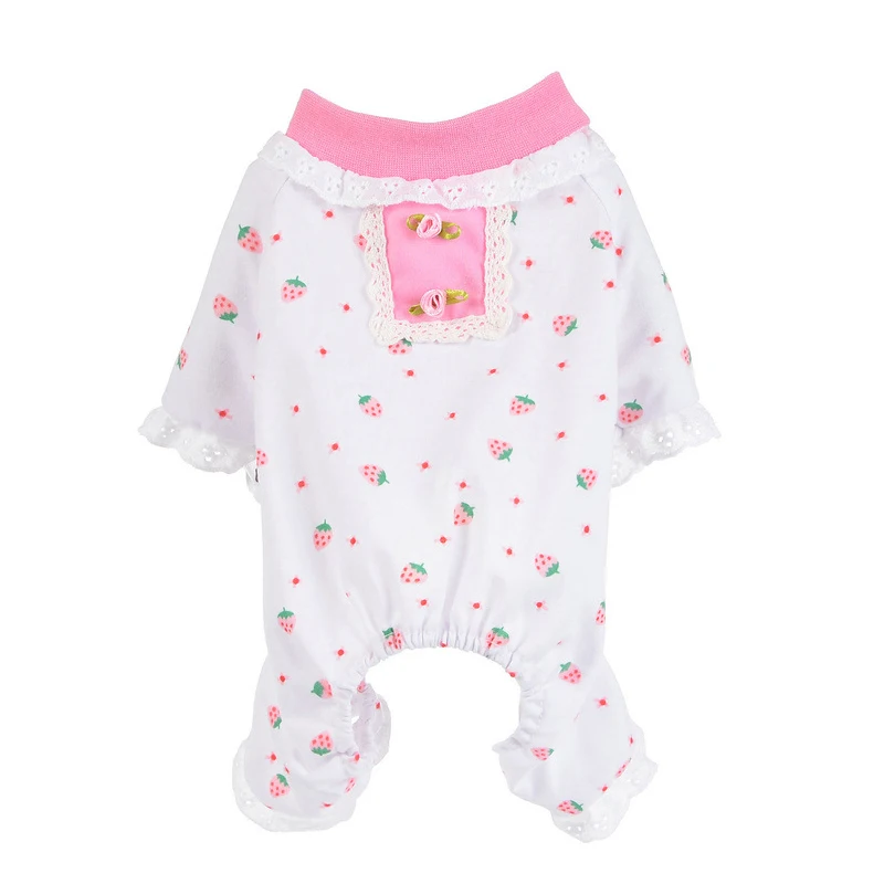 

Puppy Dog pajamas Pet Home clothes cat Pajama Cotton small dog clothing Lace Doggy jumpsuit four legs apparel Strawberry print