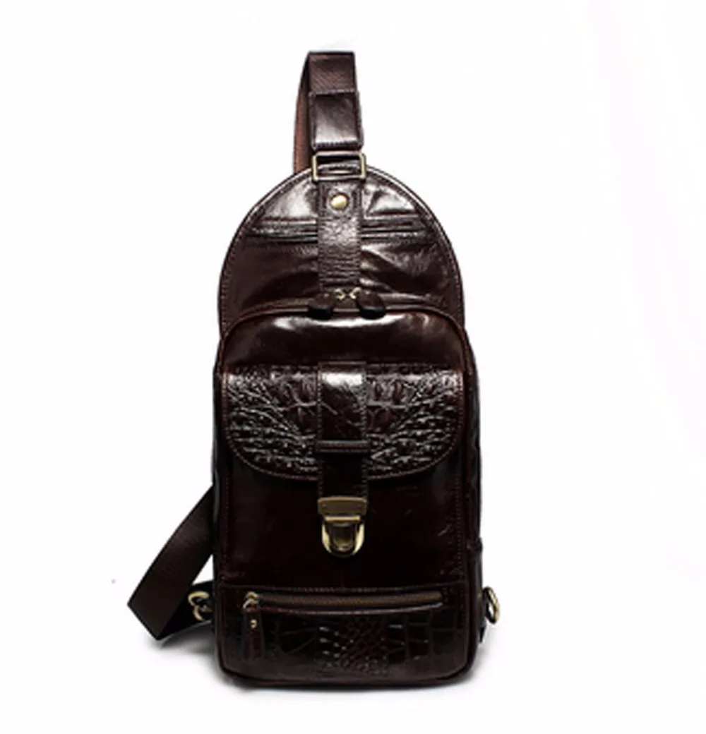

New Men High Quality First Layer Cowhide Sling Chest Pack bag Crocodile pattern Genuine Leather Cowhide Shoulder Messenger Bag