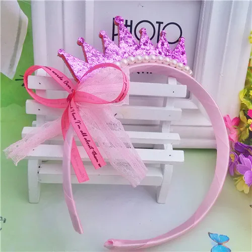 Pink M MISM корейский милый бант жемчужные резинки для волос с коронами для детей Кружева блесток маленькая принцесса аксессуары для волос повязка на голову - Цвет: Pink