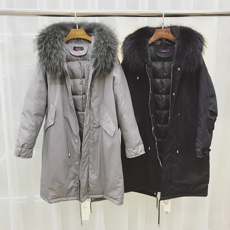 Le Vers Grand Parka D'hiver La Canard Noir Laveur Chaud Plus Capuchon Fourrure Bas Femmes Femelle Naturel 2018 Long Veste Blanc Taille Raton À gris Réel De Manteau ZBZOrg