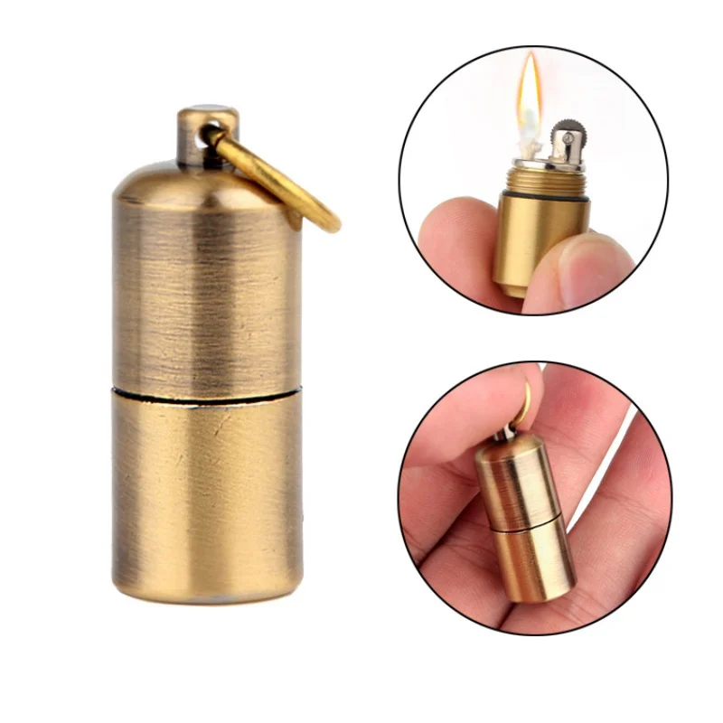 

Mini Compact Kerosene Lighter Chain Petrol Lighter Grinding Wheel Lighter Outdoor Tools Capsule Gasoline Lighter Inflated Key