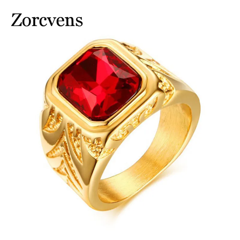 ZORCVENS Men Rings Gold Color Big Red Stone Rings for Men Jewelry Rock