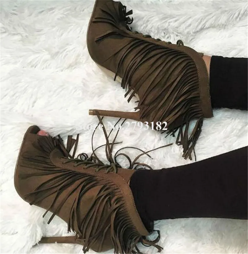 

Women Elegant Fashion Peep Toe Suede Leather Stiletto Heel Gladiator Tassels Short Boots Lace-up Fringes High Heel Ankle Booties