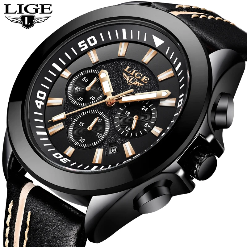 

Men Watches LIGE Top Brand Luxury Sport Chronograph Casual Leather Quartz Watch Men Military Waterproof Watch Relogio Masculino