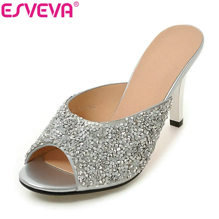 

ESVEVA 2017 Women Pumps Thin High Heel Pump Bling Rhinestone Party Pumps Peep Toe Summer Wedding Women Shoes Big Size 34-43