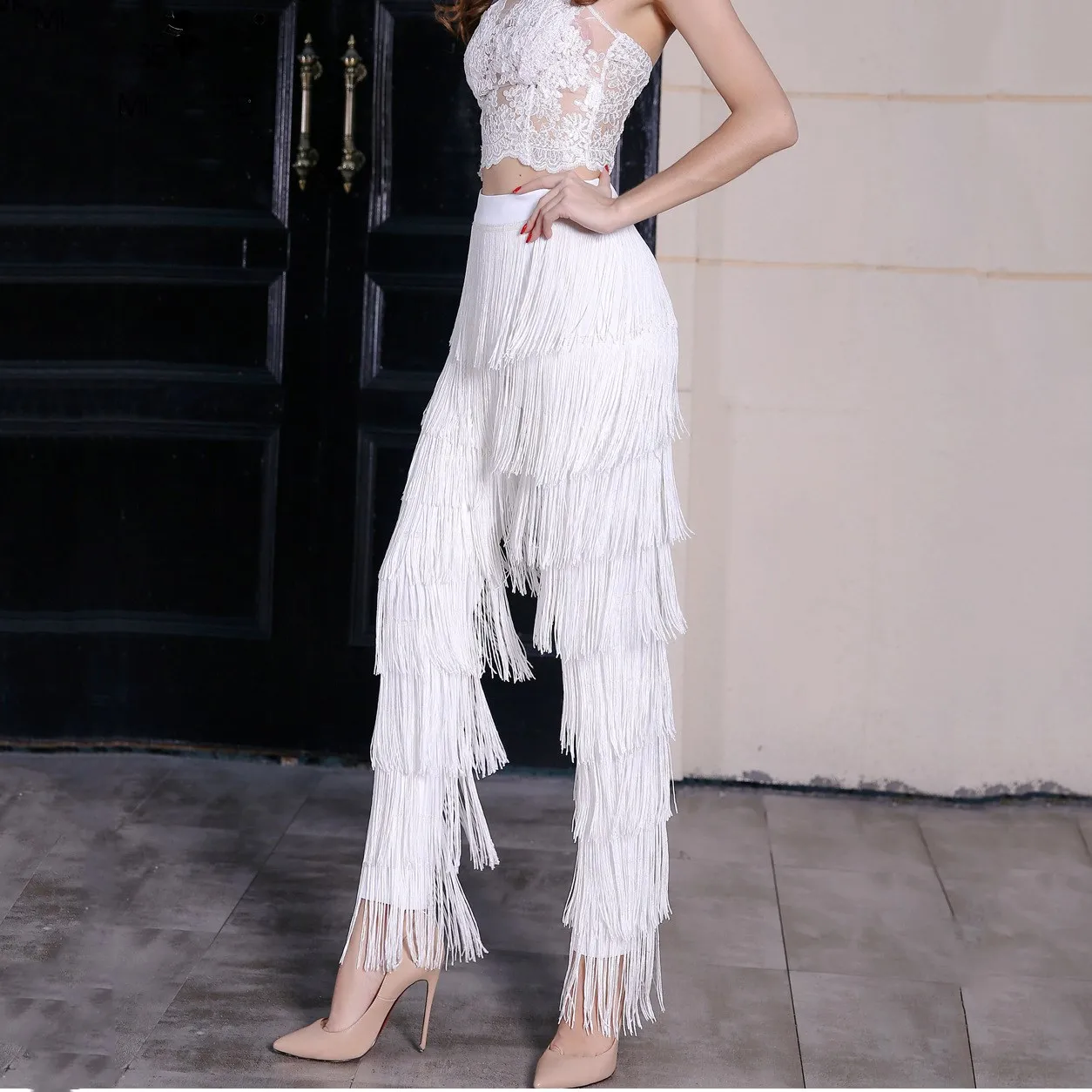 

Women Party Club Sexy Fringed Pants Tassel Summer Black White Solid Trouser Elegant High Waist Fashion Pants