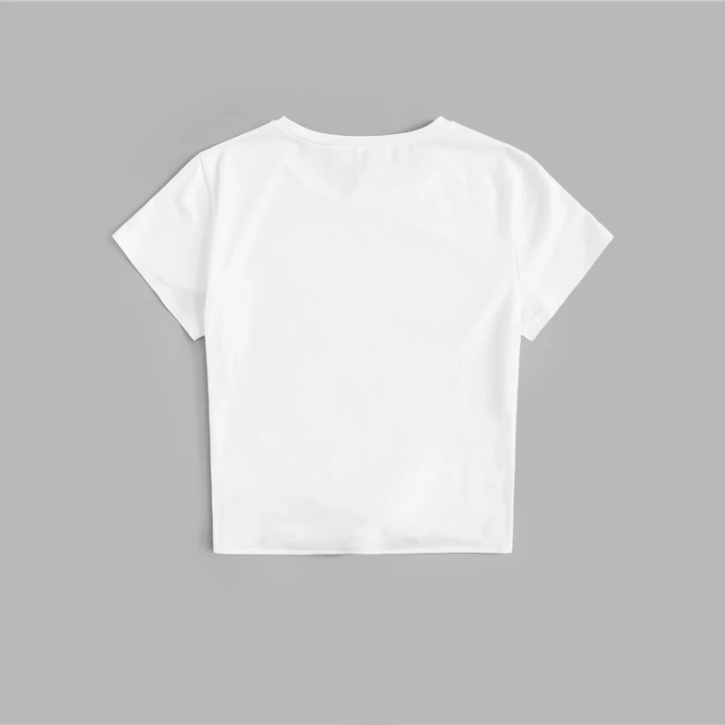 Женская футболка с вышивкой ROMWE с белым узлом спереди и подсолнухом, женская летняя Новинка, модная повседневная футболка с круглым вырезом и коротким рукавом