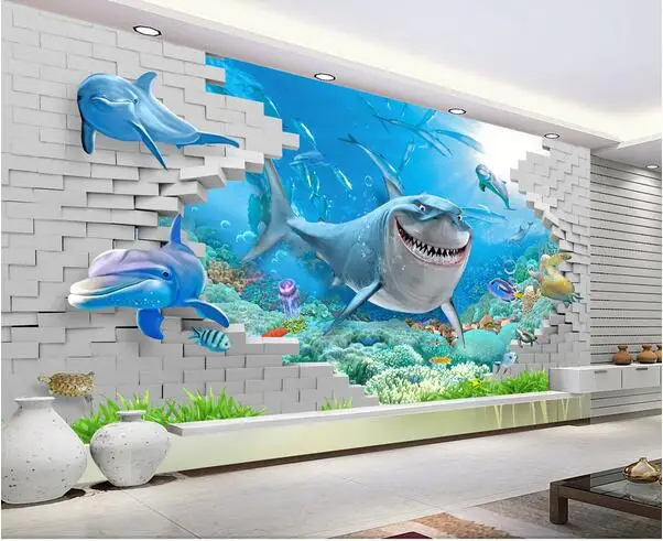 

3d wallpaper custom mural non-woven 3d room wallpaper The undersea world 3 d sharks broken wall photo 3d wall murals wallpaper