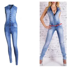 Женский Облегающий комбинезон комбинезоны джинсы брюки длинные брюки дамы сексуальный джинсовый комбинезон без рукавов Глубокий v-образный вырез синий тонкий стиль JC703