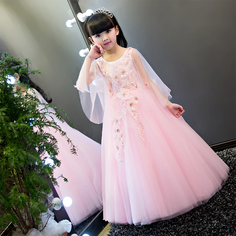 

2019New Arrival European American Luxury Pink Embroidery Lace Flowers Long Dress Wedding Birthday Party Flowers Ball Gowns Dress