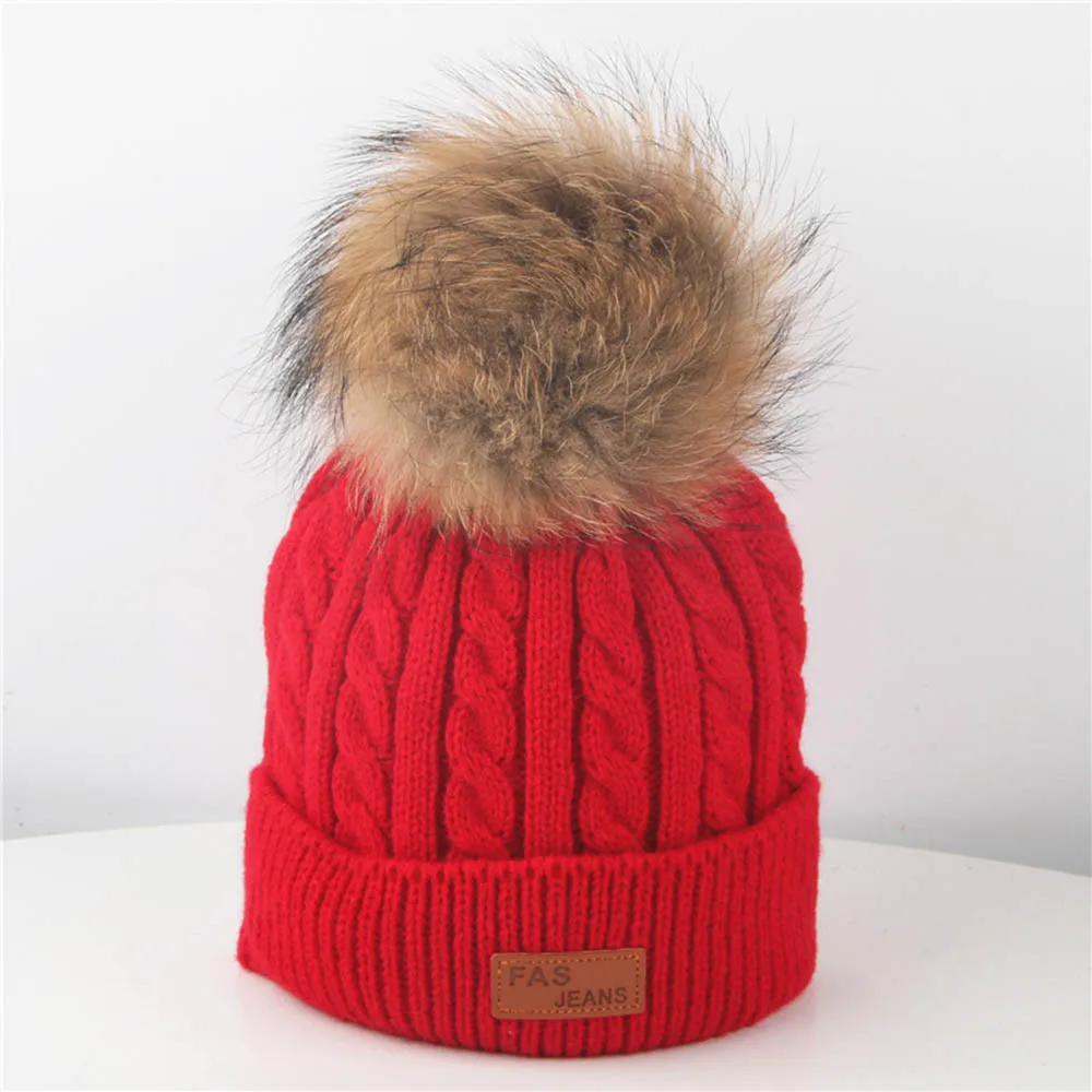 Шапка с помпонами для мальчиков и девочек; детская зимняя шапка для девочек; вязаные шапочки; плотная шапка для малышей; теплая шапка - Цвет: Red