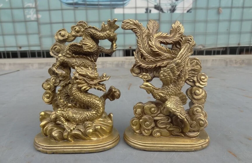 

song voge gem S4254 Folk Chinese Pure Brass Wealth Myth Fly Dragon Phoenix Statue Sculpture Pair