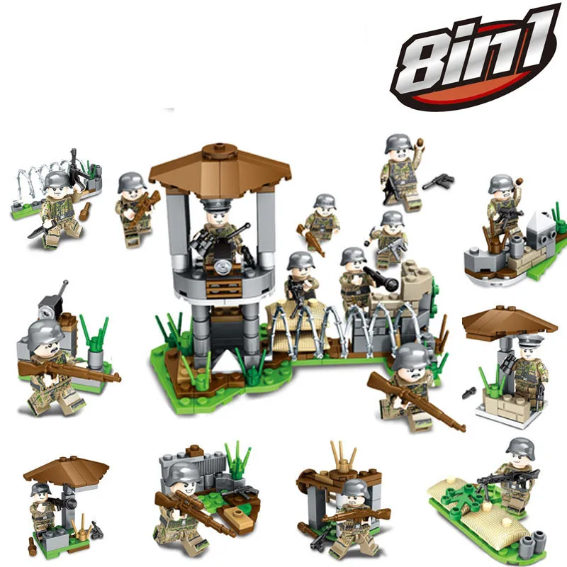 

New World War II Front Line 8 In 1 Defensive Tower Small Army Assembling Building Blocks Kit Toys Kids Gifts
