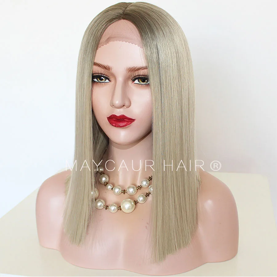 Maycaur Natural Black Blonde Ombre Color Synthetic Lace Front Wigs Short Cut Bob Wig Glueless Straight Hair (3)