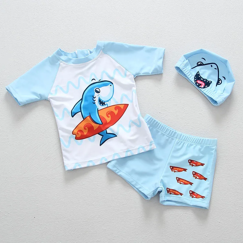 

Split Swimsuit For Boys Children's Summer Beach Sun Protection Kids Seasides Cartoon Shark Swimwear Spring Surfing Suit With Cap