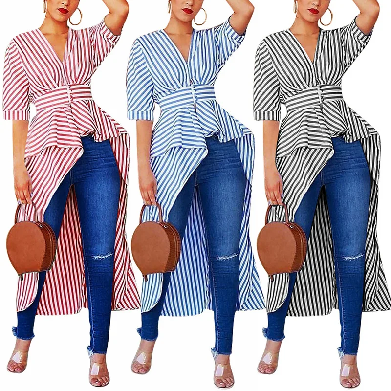 

Women Half Sleeve Striped Asymmetric High Low Hem Maxi Long Shirt Tops for Summer GDD99