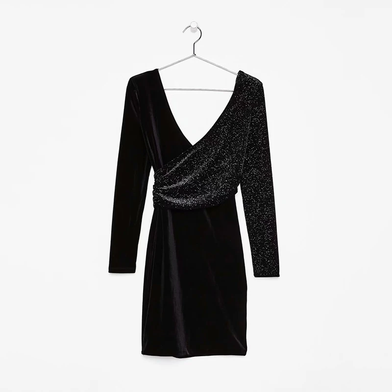 ZXQB новое черное бархатное женское платье со стразами весна-осень женские сексуальные шикарные платья с запахом Стильные платья с v-образным вырезом для девочек Vestidos