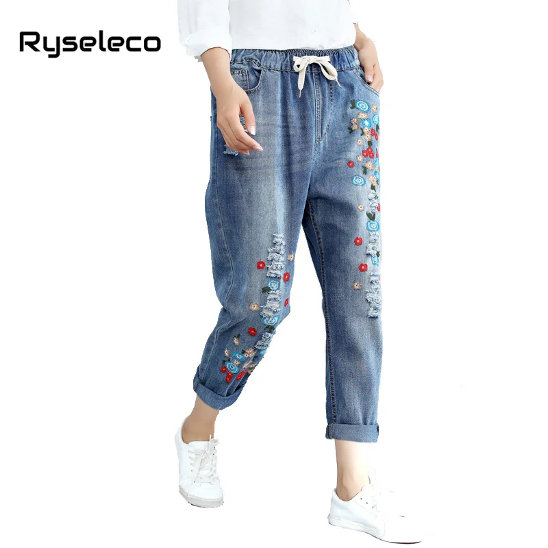 Для женщин джинсы шаровары плюс Размеры модные рваные джинсовые с цветочной вышивкой поцарапанные новый синий осень 2018 свободные