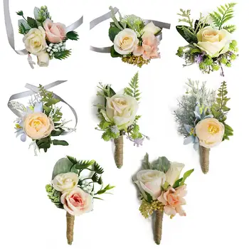 

Wedding Party Favors Wrist Corsage Boutonniere Artificial Champagne Rose Flower Brooch Bouquet Groom Bride Bridesmaid Wristband