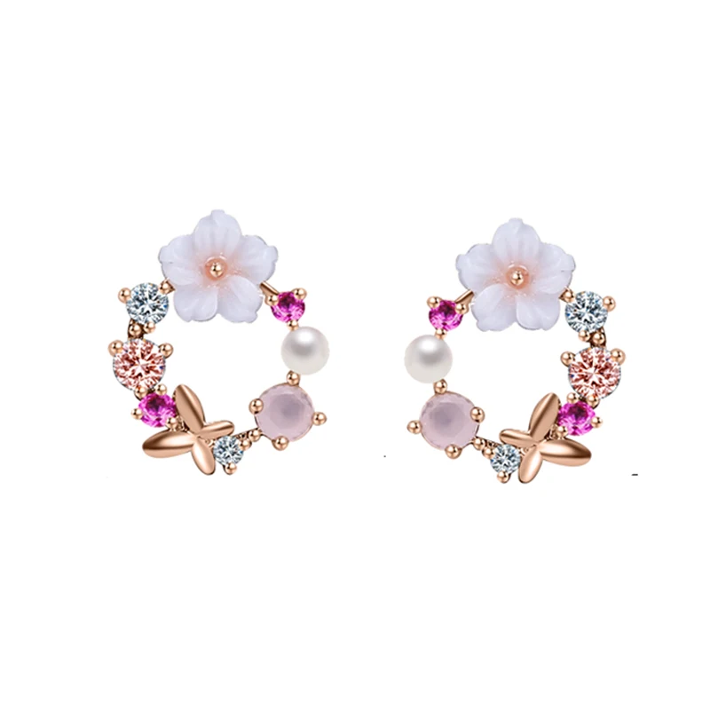 

Fashion Colorful Cubic Zircon Flower Earrings For Women Rose Color Shell Pearl Stud Earrings Dropshipping