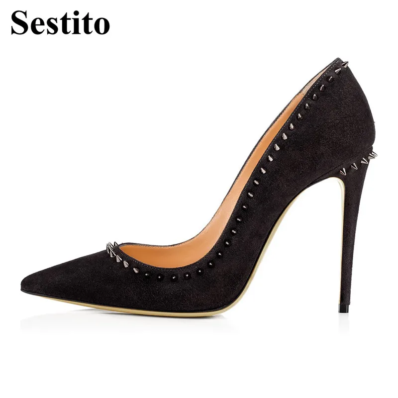

2018 Mature Women Black Flock Pointed Toe High Heels Dress Pumps Super High Thin Heels Rivet Slip-on Ladies Shoes Spring/Autumn