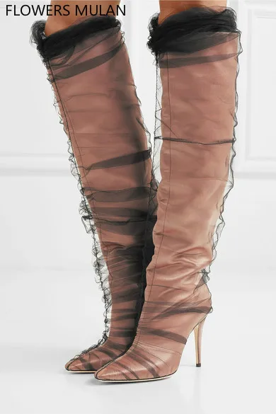 

2018 Europe United States Early Spring Fashion Show Pointed Toe Boots Black Net Yarn Model Street Female Boots High Heels Shoes