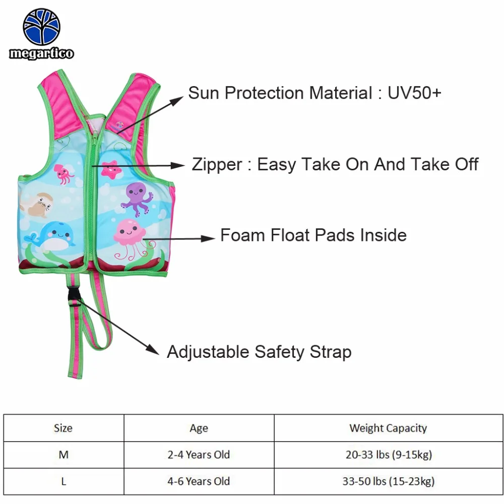 Megartico спасательный жилет дети для плавания воды милашки розовый девочек плавать флотации Тренер Дети морская рыба спасательный жилет помощи тренера