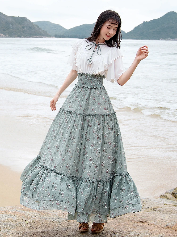 

Women Summer Chiffon Long Dress Ladies Bohemian Beach Casual Elegant Sweet Fresh Floral Maxi Dress Vacation Big Swing Dresses