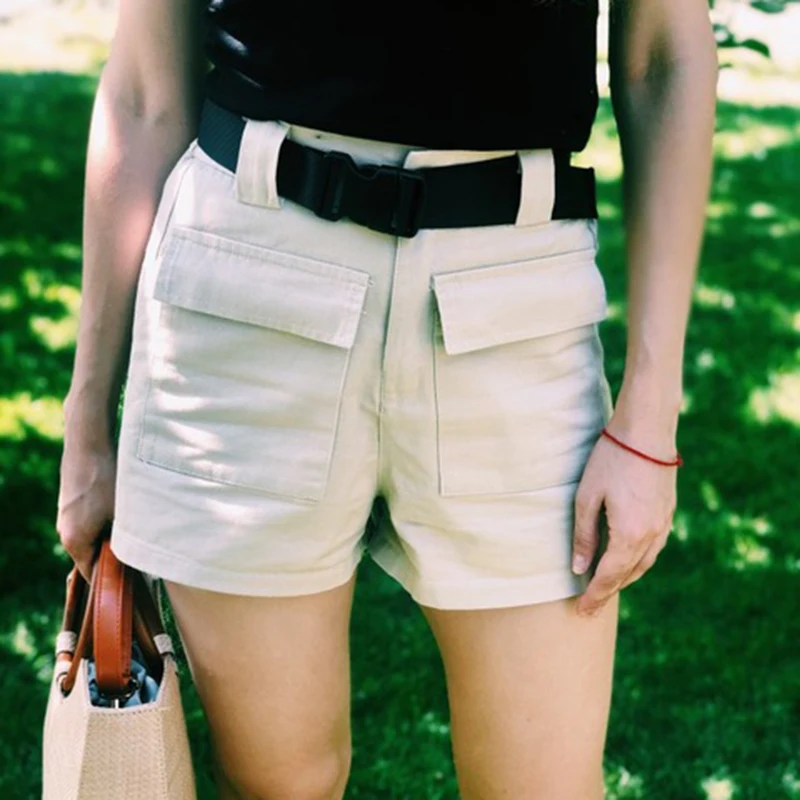 

GCAROL 2019 New Women Boyfriend Cargo Shorts With Belt 2 Pockets Elastic Waist Wide Leg Streetwear Summer Spring Shorts