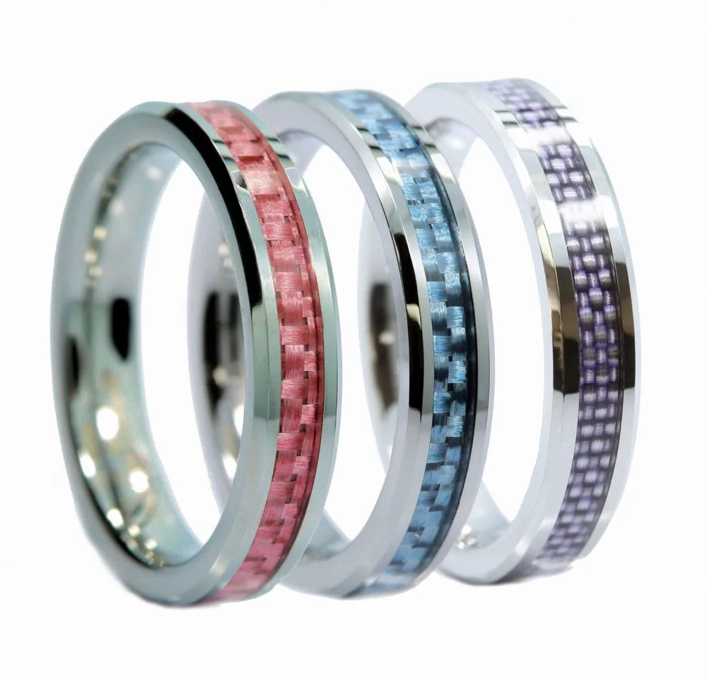 

4mm Tungsten Carbide Rings Blue/Pink/Purple Carbon Fiber Inlay Wedding Bands anniversary Gifts Statement jewelry