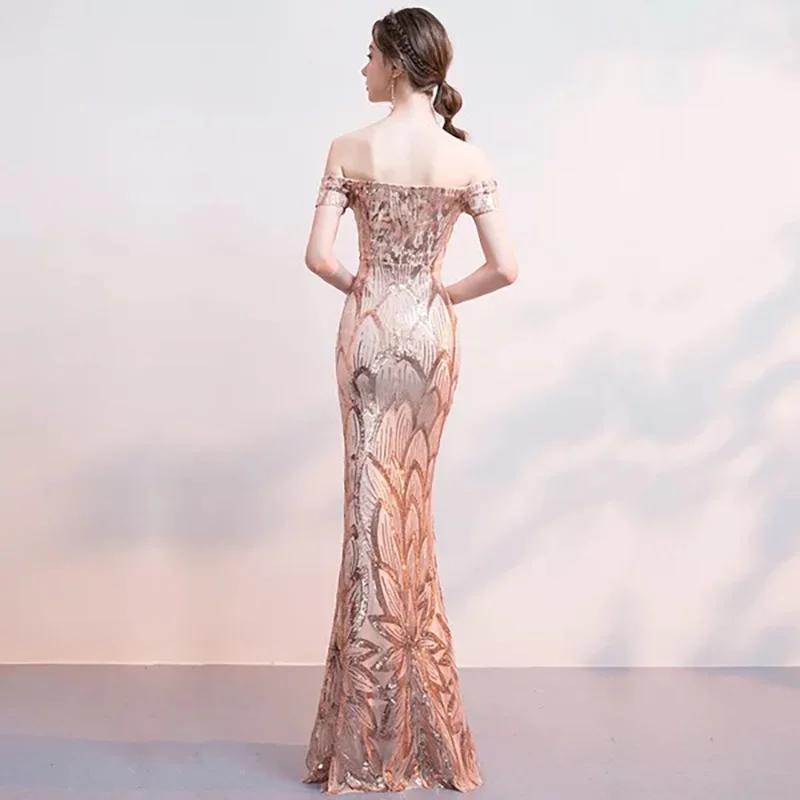 D043 rose gold off the shoulder sequined floor length bodycon long dress