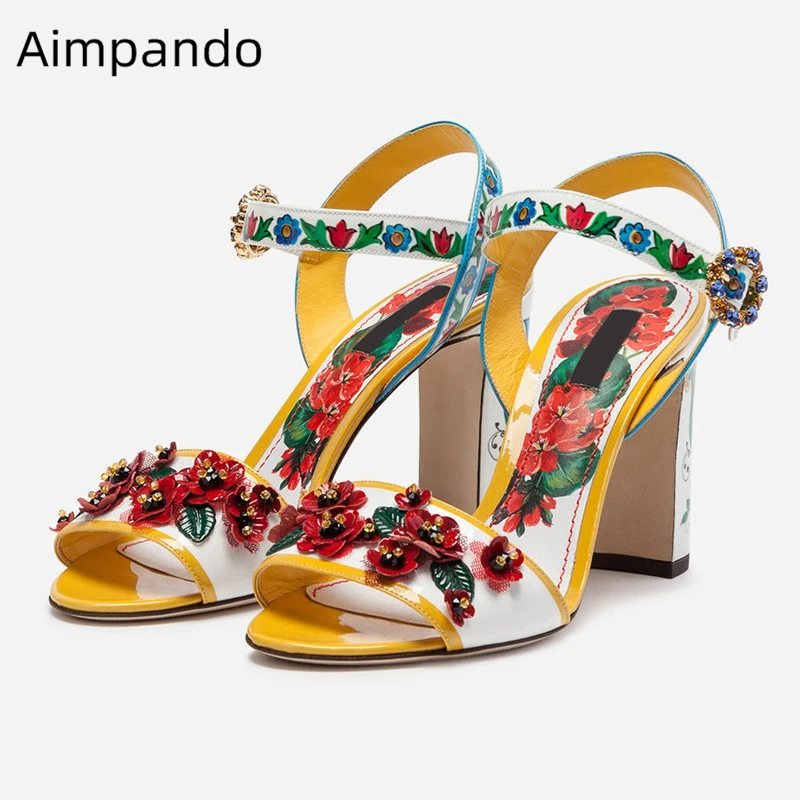 

Bohemian Style Printed Color Flower Sandalias Mujer Chunky Heel Ankle Strap One-strap Painted Floral New Summer Shoes Woman