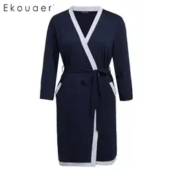 Ekouaer плюс Размеры халат Длинные пижамы Халаты Мягкий хлопок Для женщин с длинным рукавом Ванная комната Spa халат Lounge ночное XL-5XL