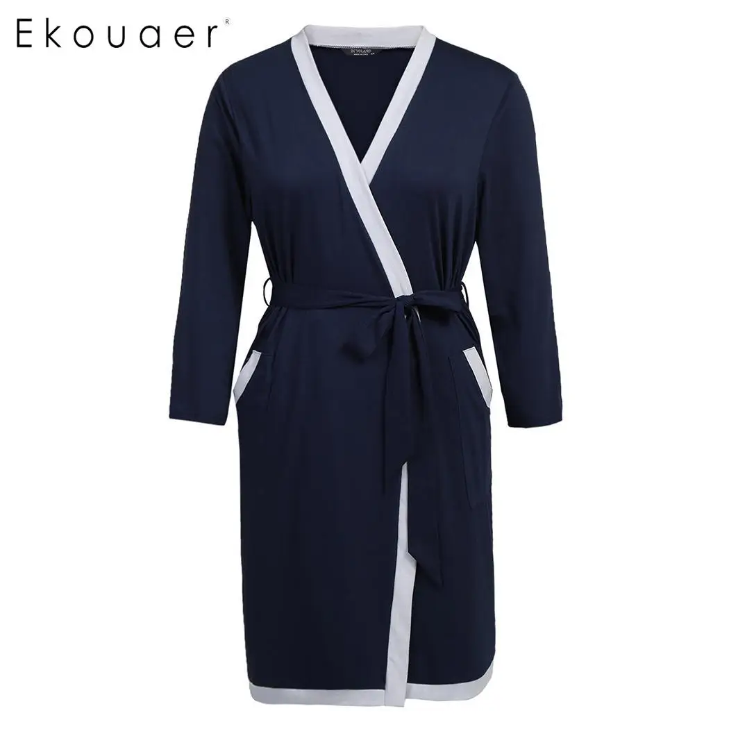 Ekouaer Plus Size Bathrobe Long Sleepwear Robes Soft Cotton Women Long