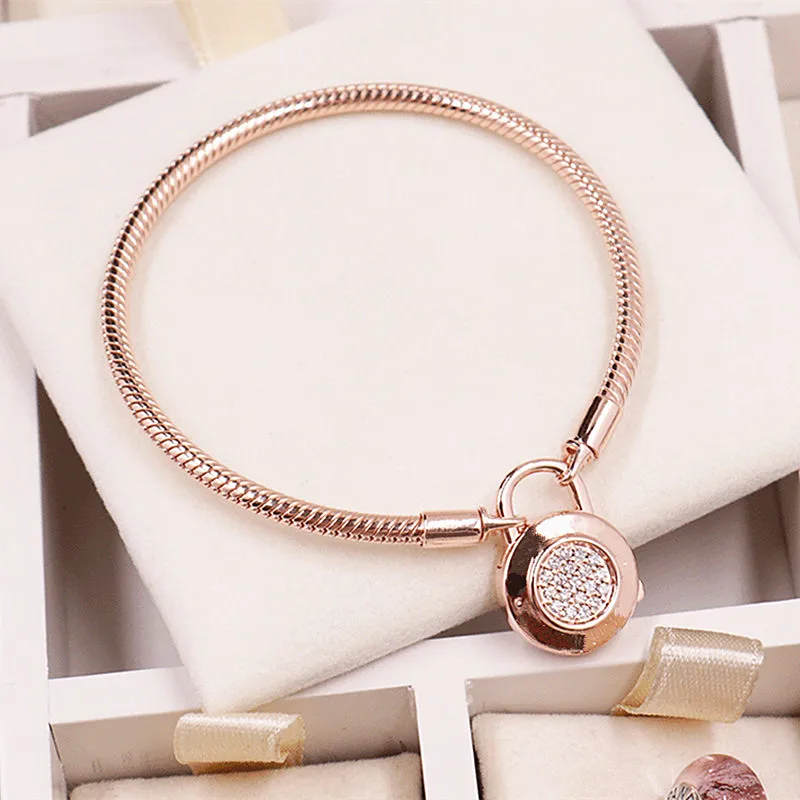 

2019 NEW Charm logo Carving Silver bangle S925 dangle pandoras bracelet ROSE Smooth chain women Jewelry Making,1pz