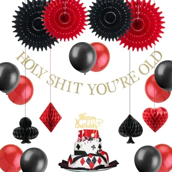 

Casino Theme Birthday Party Decoration Kit Birthday Cake Topper Glitter Gold Holy Shit You're Old Banner Balloons