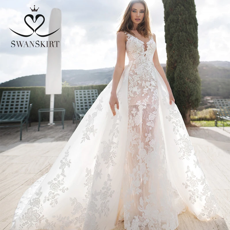 Сексуальное свадебное платье с v-образным вырезом со съемным шлейфом,, шикарная юбка, новая мода, аппликация, кружевное платье невесты, Vestido de Noiva размера плюс, K172