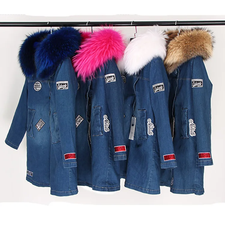 

2018 Long Winter Coat Women Real Large Raccoon Fur Hooded Jacket Thick Warm Fur Lined Parkas Fashion Denim Jacket Outwear Casual