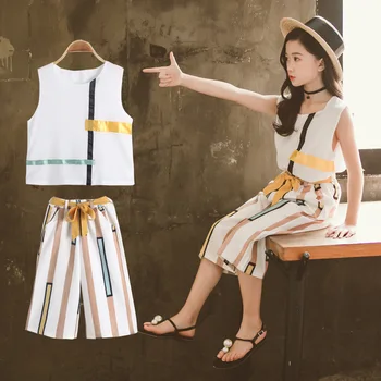 

Child Girls Summer Clothing Set Sleeveless Clothes For Children Striped Clothes Suit For Girls 6 8 12 Years Teen Girls Clothing