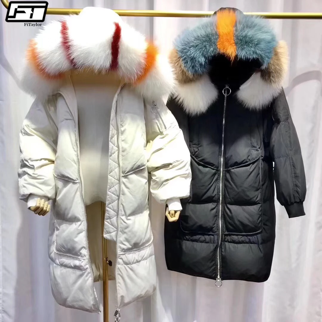 Fitaylor 2019 kobiet zimowe kurtki biała kaczka w dół duży naturalny szop futro hooded Parkas Slim ciepłe female płaszcz Snow Outwear -